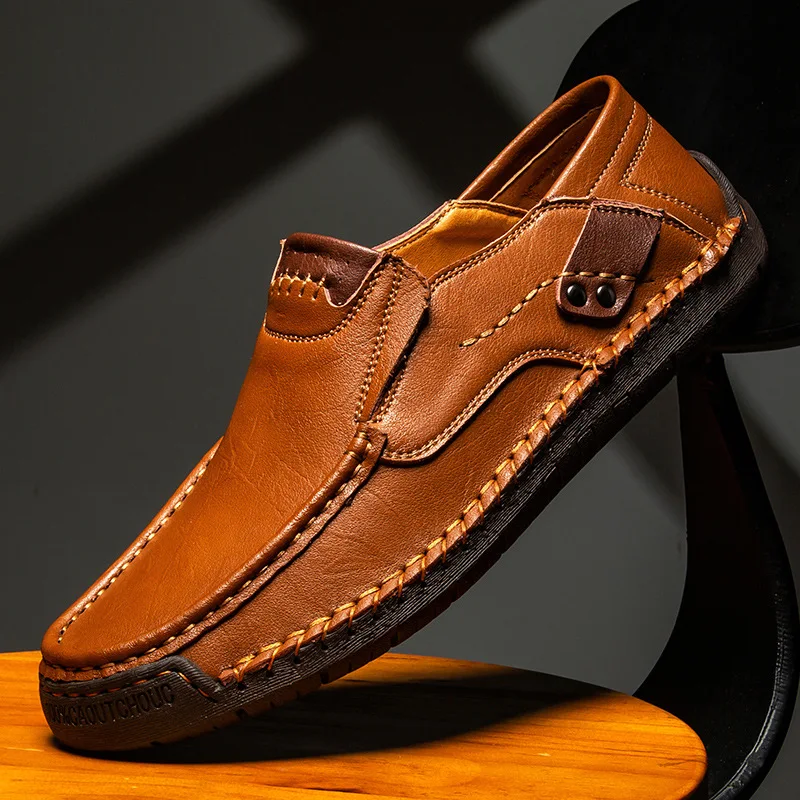 Chaussures en cuir faites à la main pour hommes, mocassins décontractés et confortables, chaussures plates à enfiler