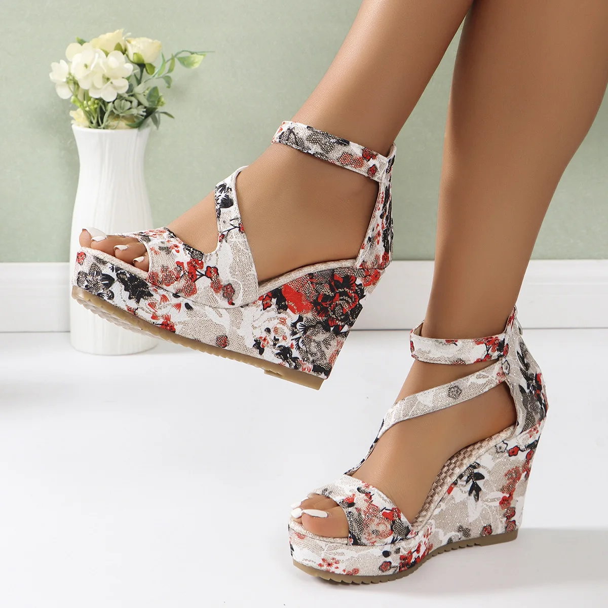 Scarpe casual, sandali estivi da donna con plateau, scarpe con zeppa a punta aperta e stampa floreale vintage